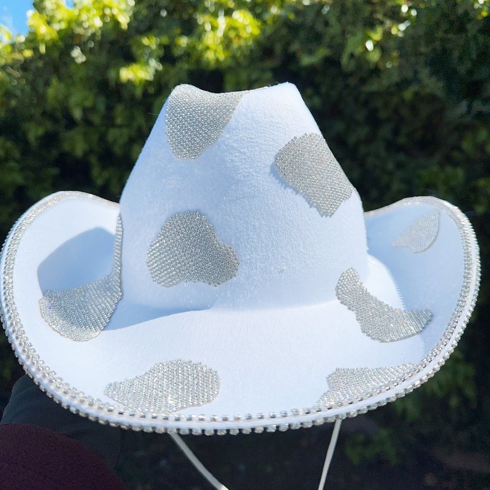 Cowprint cowboy hat Rhinestone,Bachelorette Bride Hat,White Rhinestone Cowgirl